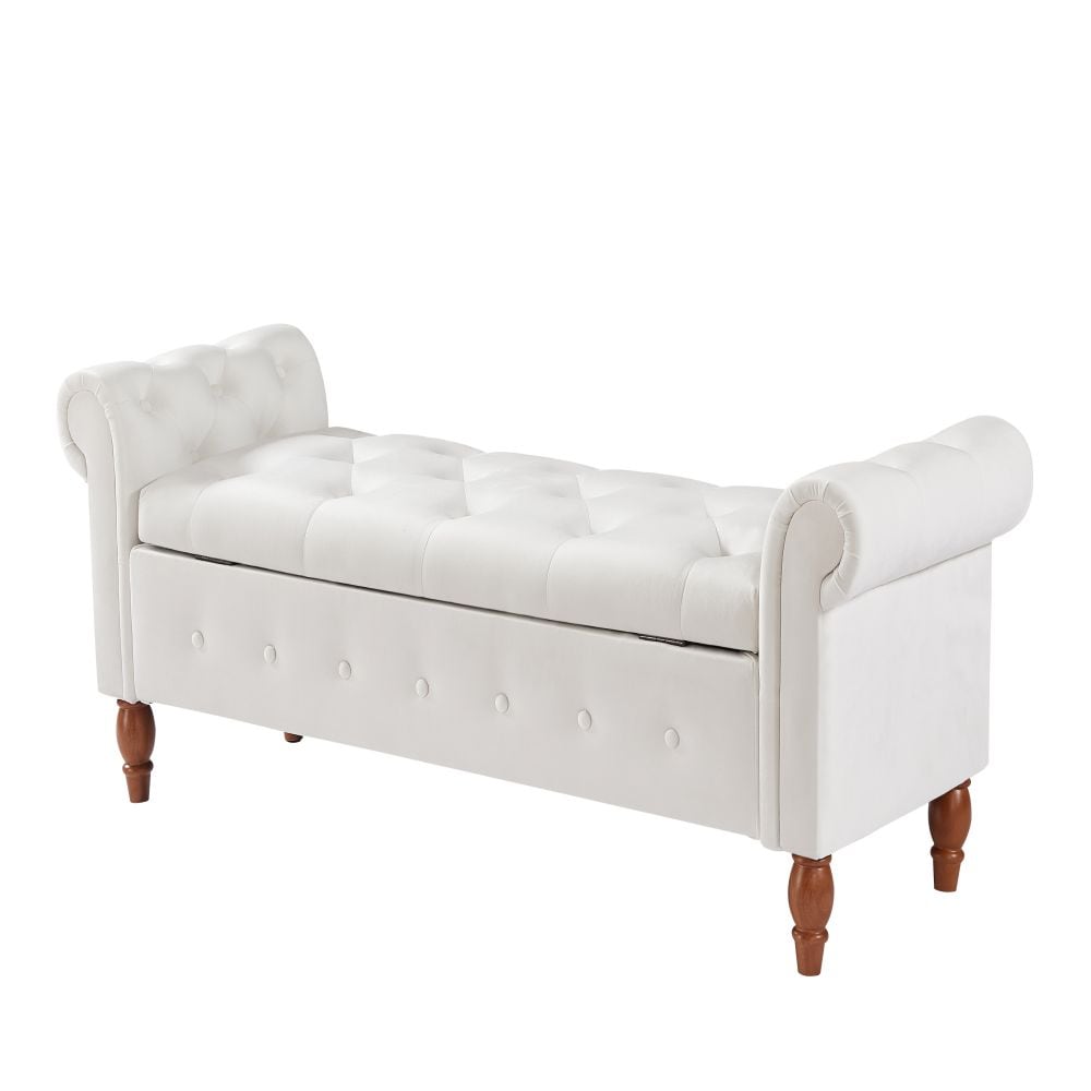 Velvet Storage Ottoman Bench – Multifunctional Beige Sofa Stool With Hidden Compartment, 500lbs Capacity, Rubberwood Legs_voghion.com